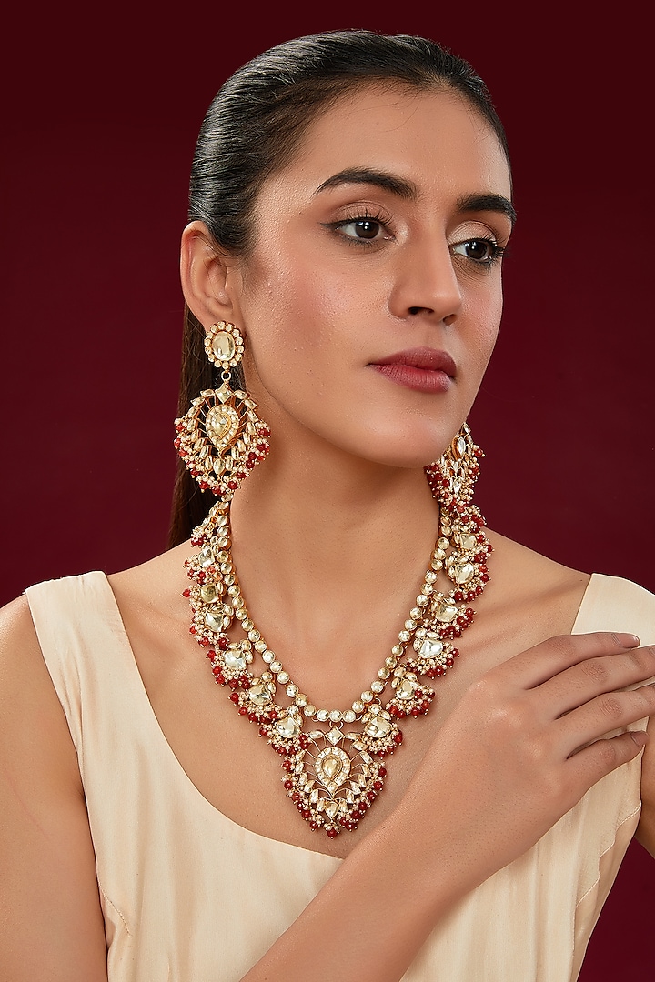 Gold Finish Kundan Polki & Coral Beaded Necklace Set by Kreart at Pernia's Pop Up Shop