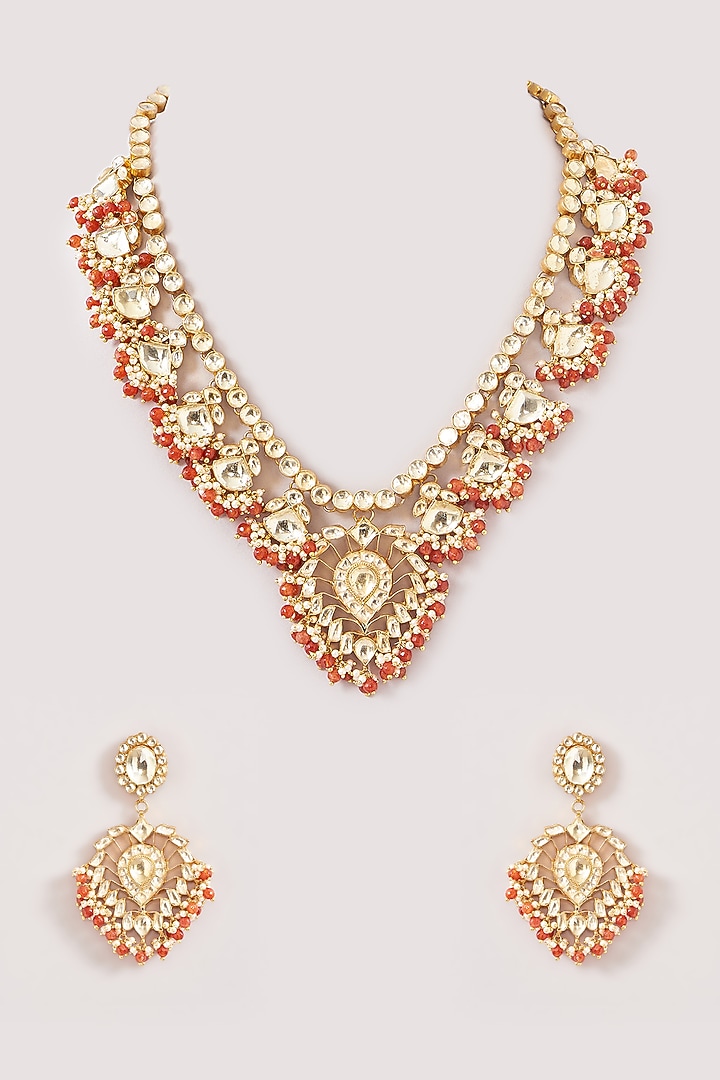 Gold Finish Kundan Polki & Coral Beaded Necklace Set by Kreart at Pernia's Pop Up Shop