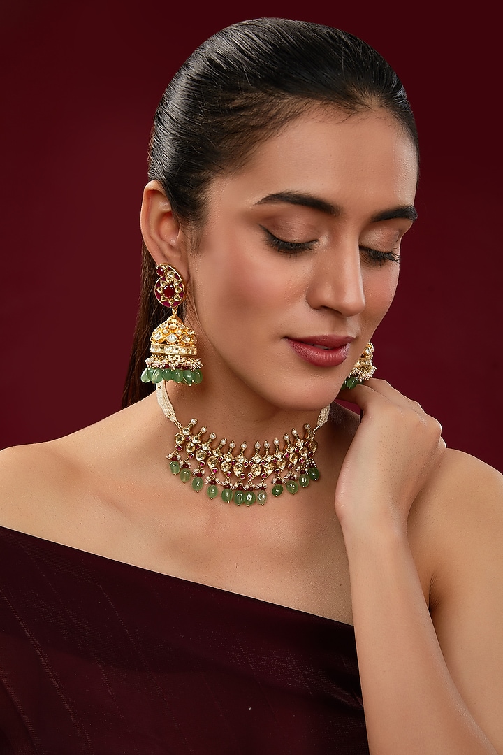 Gold Finish Kundan Polki & Green Beaded Necklace Set by Kreart at Pernia's Pop Up Shop