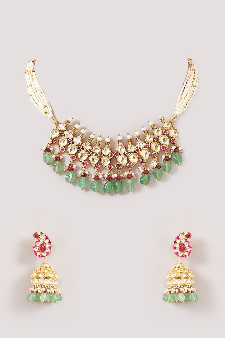 Gold Finish Kundan Polki & Green Beaded Necklace Set by Kreart at Pernia's Pop Up Shop