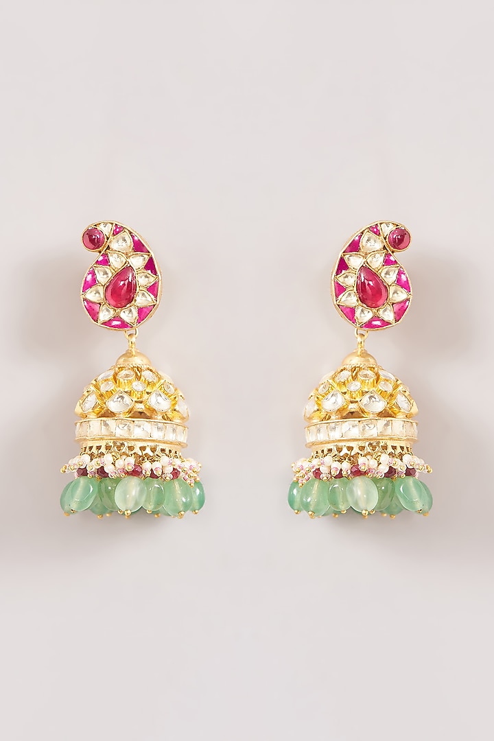 Gold Finish Kundan Polki & Green Beaded Necklace Set by Kreart at Pernia's Pop Up Shop