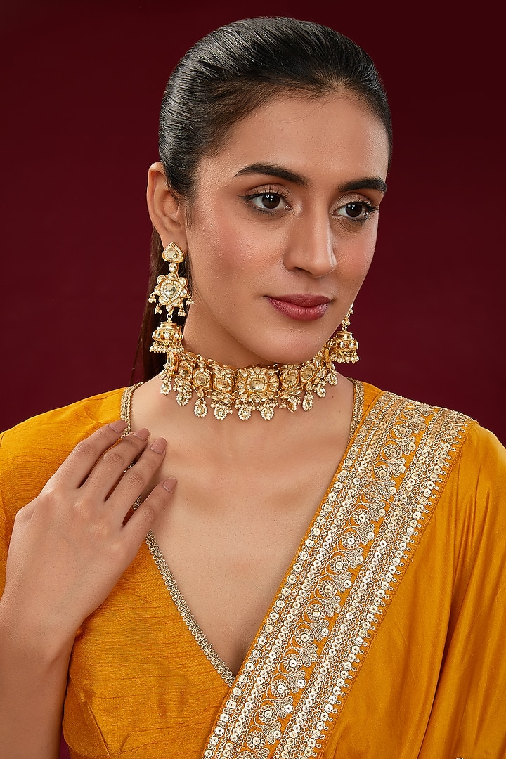 Gold Finish Kundan Polki & Pearl Beaded Choker Necklace Set by Kreart at Pernia's Pop Up Shop