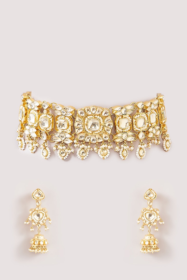 Gold Finish Kundan Polki & Pearl Beaded Choker Necklace Set by Kreart at Pernia's Pop Up Shop