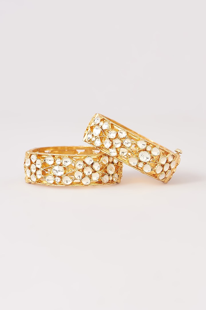 Gold Finish Kundan Polki Kadas (Set Of 2) by Kreart at Pernia's Pop Up Shop