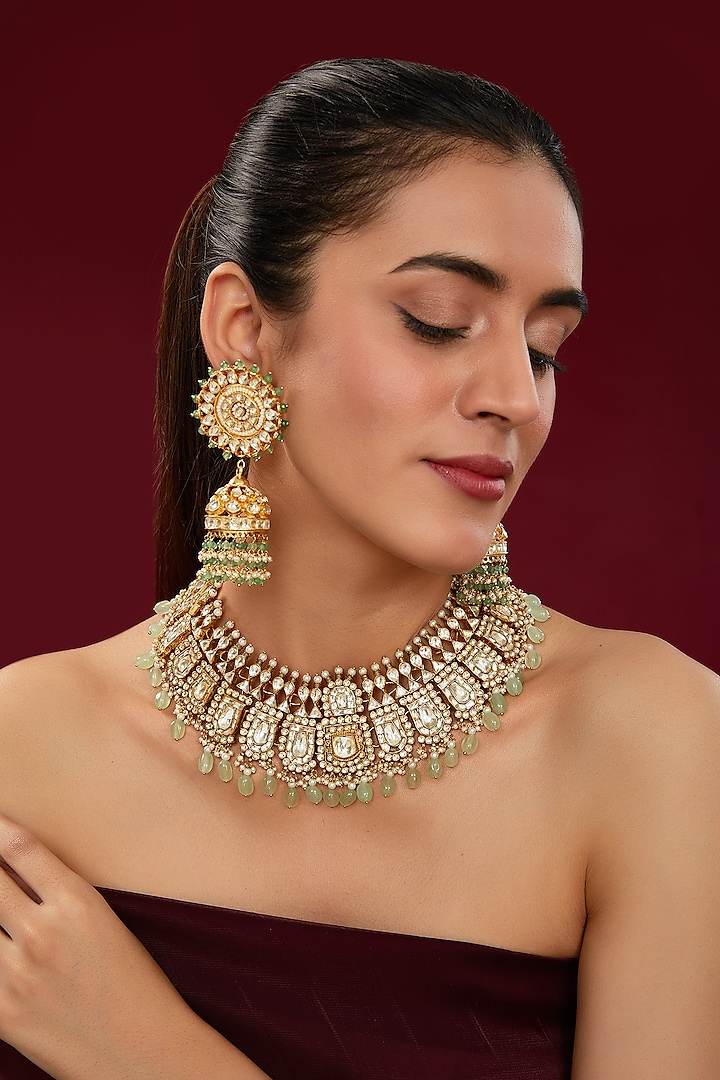 Gold Finish Kundan Polki & Green Beaded Necklace Set by Kreart at Pernia's Pop Up Shop