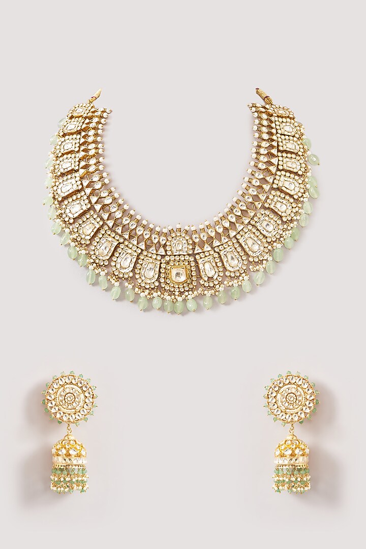Gold Finish Kundan Polki & Green Beaded Necklace Set by Kreart at Pernia's Pop Up Shop