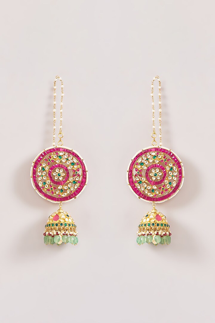 Gold Finish Kundan Polki & Green Beaded Dangler Earrings by Kreart at Pernia's Pop Up Shop