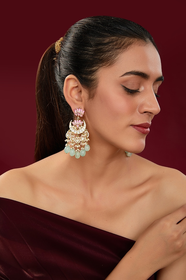 Gold Finish Kundan Polki & Pearl Beaded Enamelled Dangler Earrings by Kreart at Pernia's Pop Up Shop