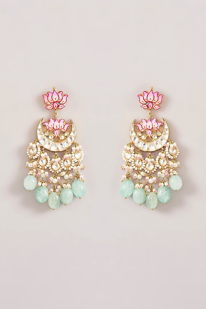 Gold Finish Kundan Polki & Pearl Beaded Enamelled Dangler Earrings by Kreart at Pernia's Pop Up Shop