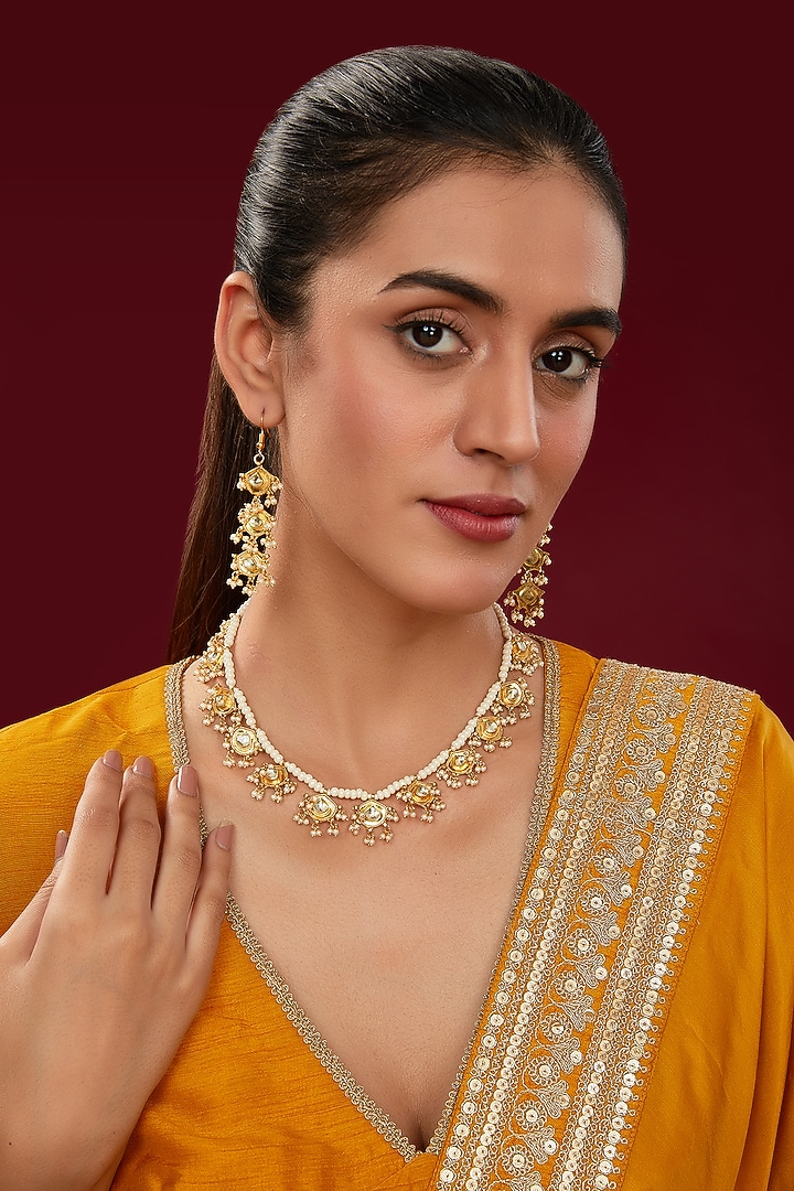 Gold Finish Kundan Polki & Pearl Beaded Necklace Set by Kreart at Pernia's Pop Up Shop