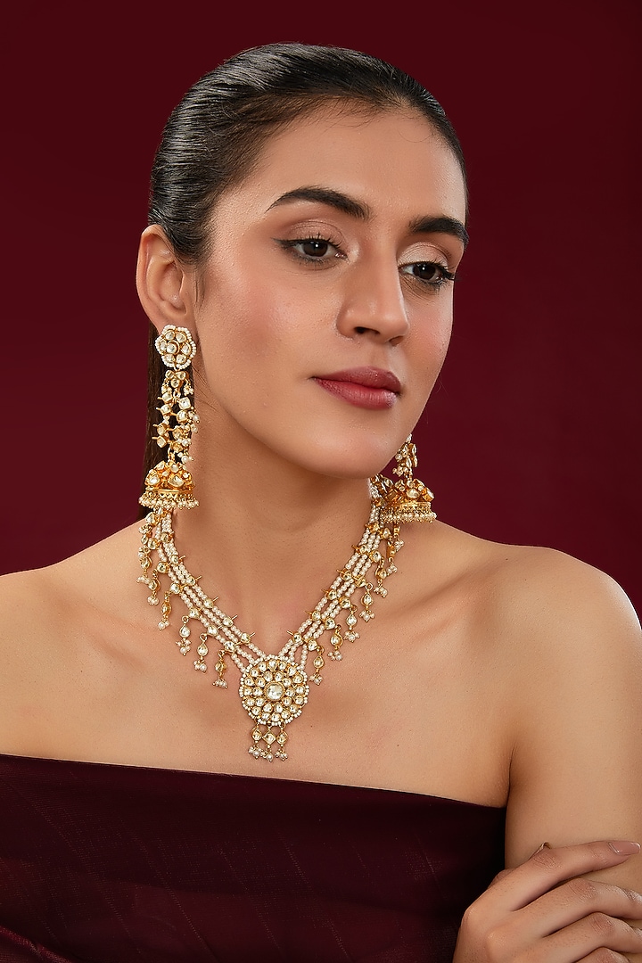 Gold Finish Kundan Polki & Pearl Beaded Necklace Set by Kreart at Pernia's Pop Up Shop