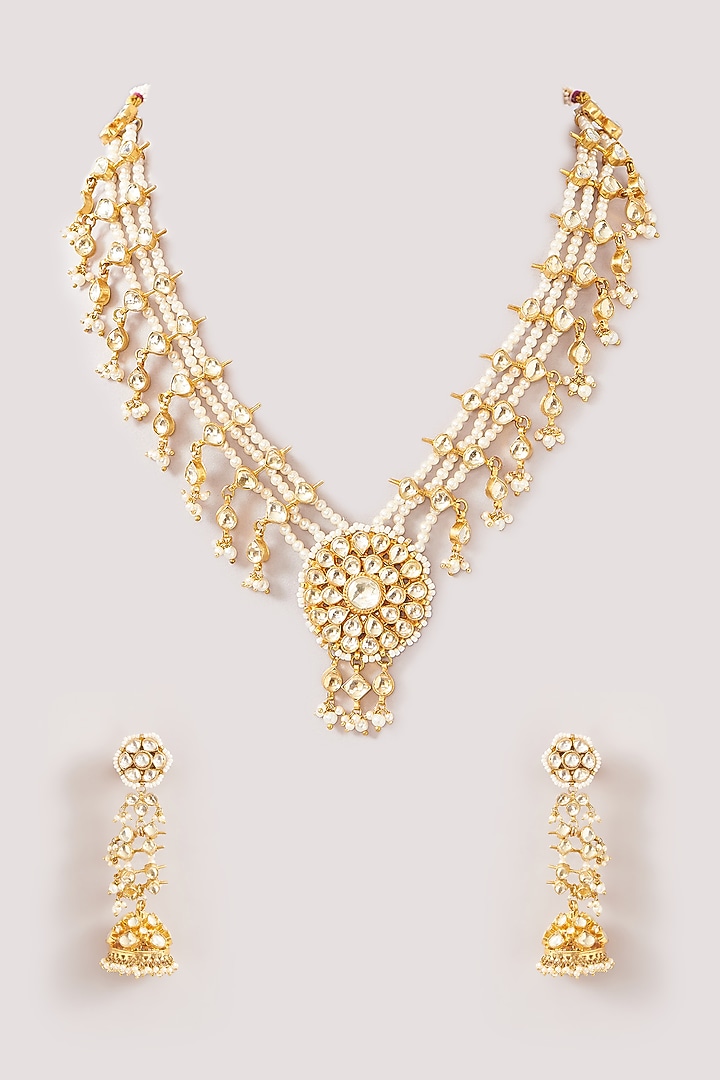 Gold Finish Kundan Polki & Pearl Beaded Necklace Set by Kreart at Pernia's Pop Up Shop