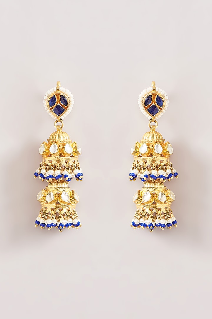 Gold Finish Kundan Polki & Blue Beaded Dangler Earrings by Kreart at Pernia's Pop Up Shop