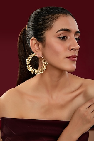 Gold Finish Kundan Polki & Green Beaded Chandbali Earrings by Kreart