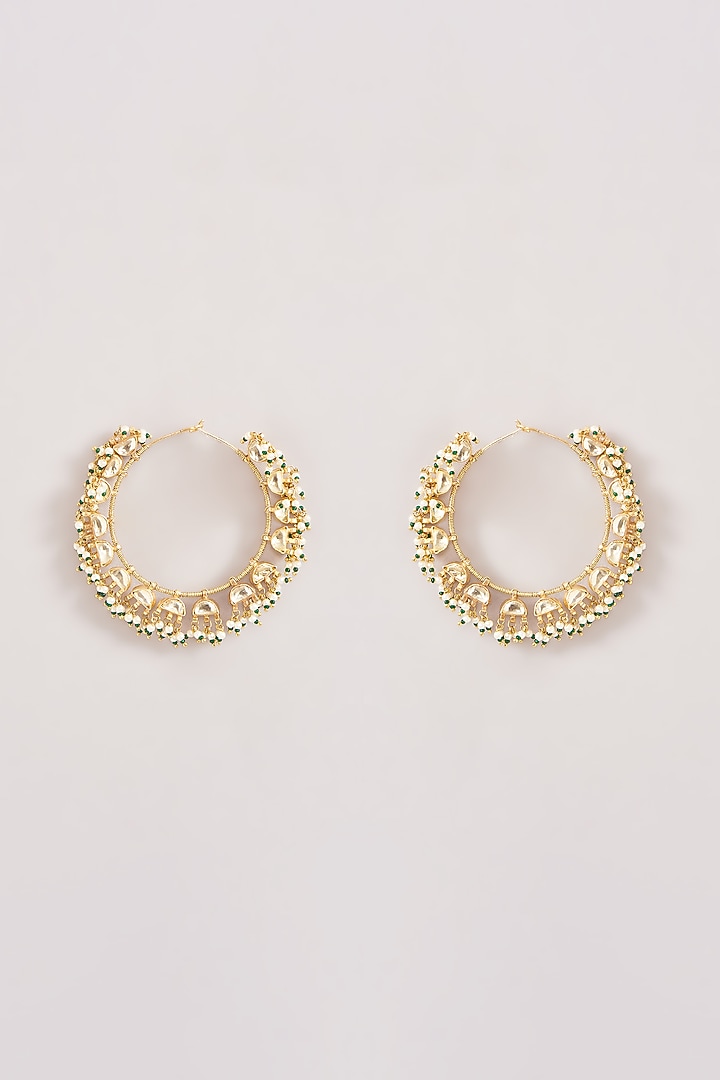 Gold Finish Kundan Polki & Green Beaded Chandbali Earrings by Kreart at Pernia's Pop Up Shop
