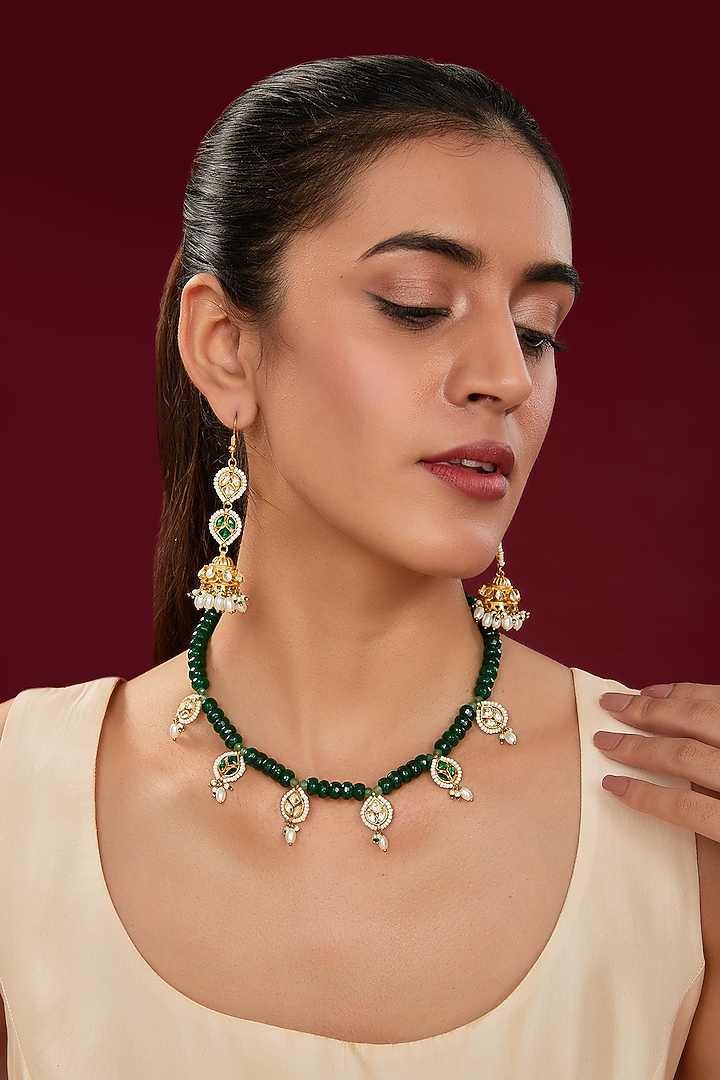 Gold Finish Kundan Polki & Green Beaded Necklace Set by Kreart at Pernia's Pop Up Shop