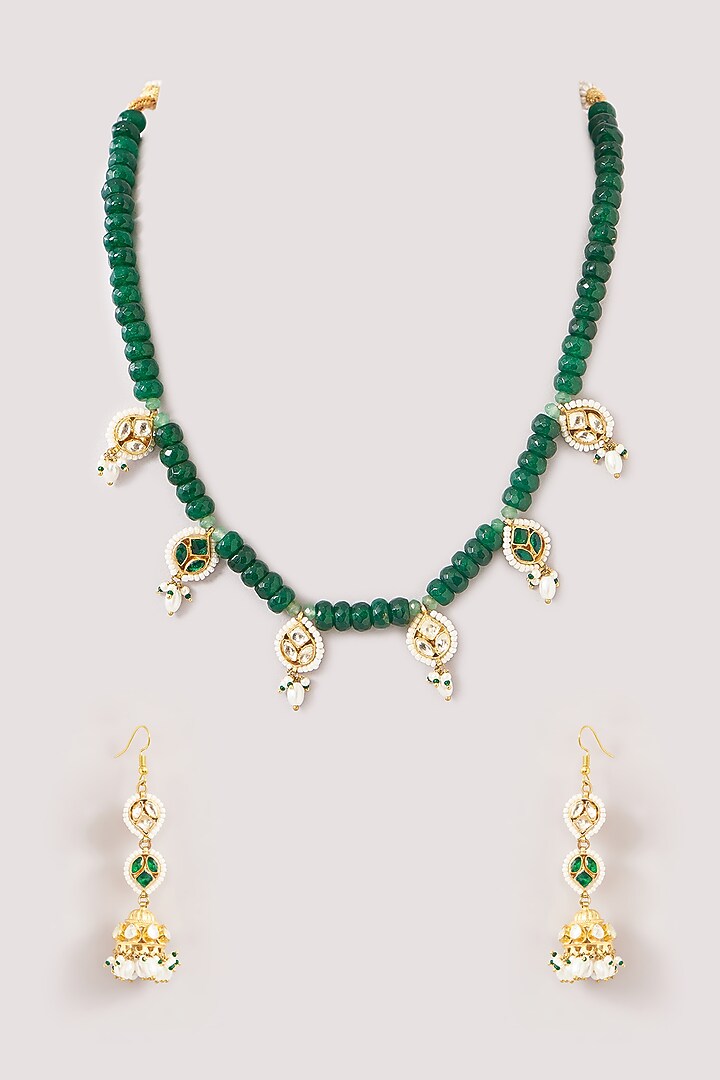 Gold Finish Kundan Polki & Green Beaded Necklace Set by Kreart at Pernia's Pop Up Shop