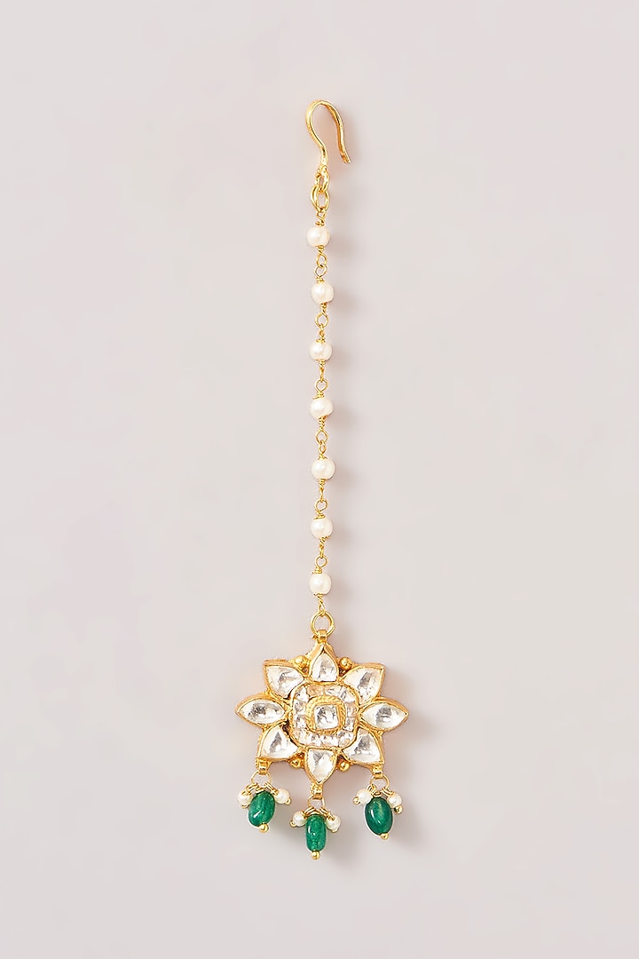 Gold Finish Kundan Polki & Green Beaded Maangtikka by Kreart at Pernia's Pop Up Shop