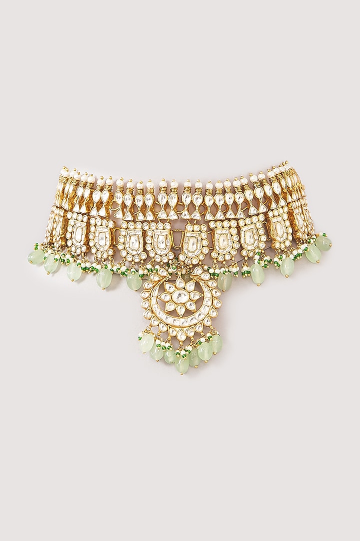 Gold Finish Kundan Polki & Green Beaded Choker Necklace by Kreart at Pernia's Pop Up Shop