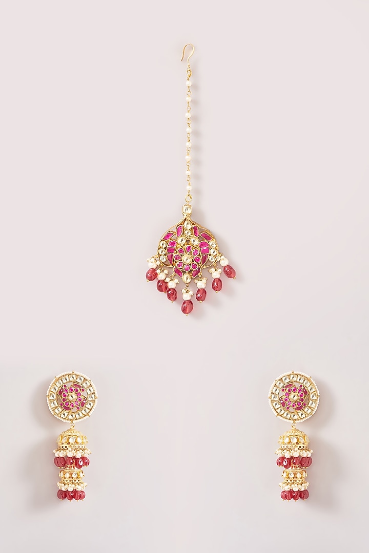 Gold Finish Kundan Polki & Pink Beaded Dangler Earrings With Maangtikka by Kreart at Pernia's Pop Up Shop