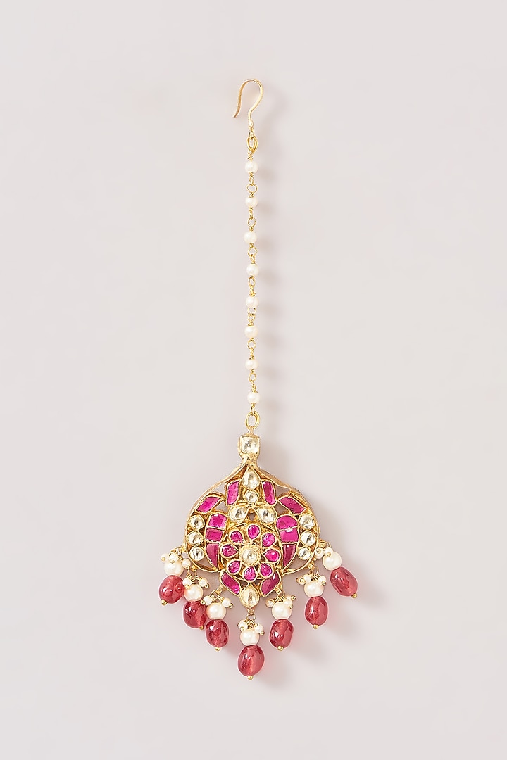 Gold Finish Kundan Polki & Pink Beaded Dangler Earrings With Maangtikka by Kreart at Pernia's Pop Up Shop