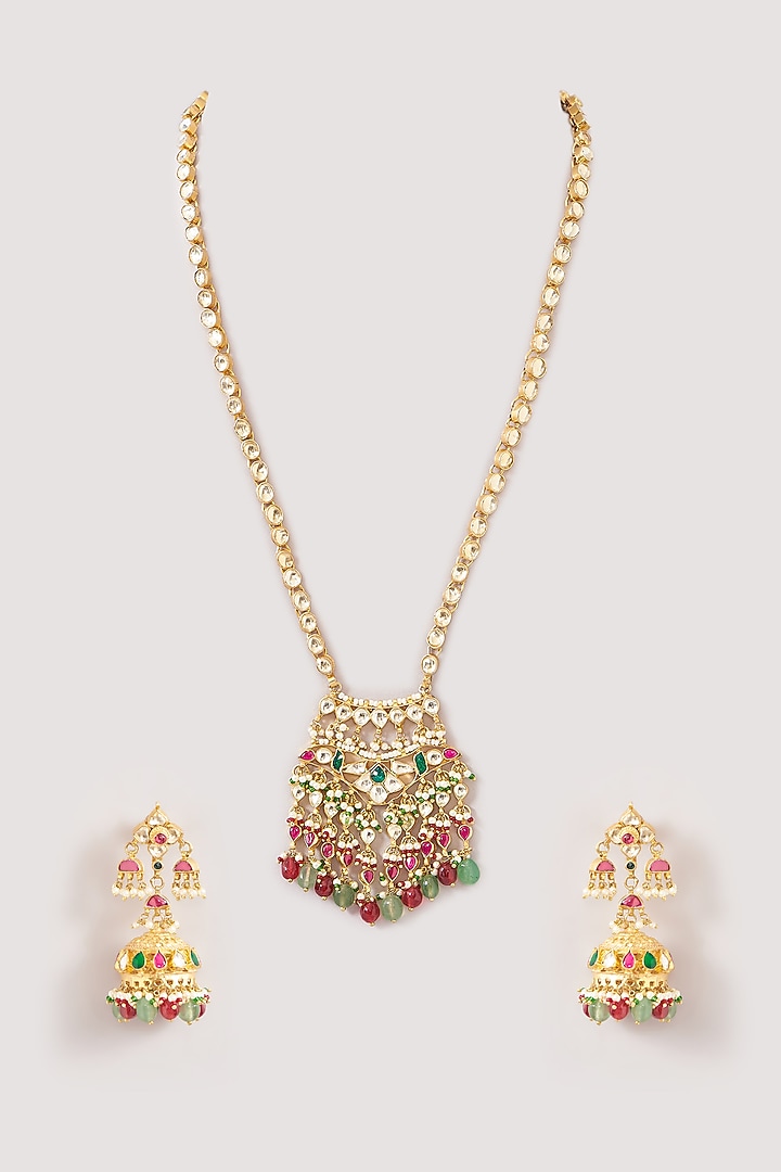 Gold Finish Kundan Polki & Multi-Colored Beaded Necklace Set by Kreart at Pernia's Pop Up Shop