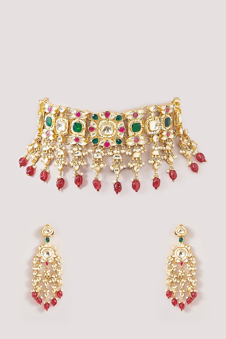 Gold Finish Kundan Polki & Multi-Colored Beaded Choker Necklace Set by Kreart at Pernia's Pop Up Shop