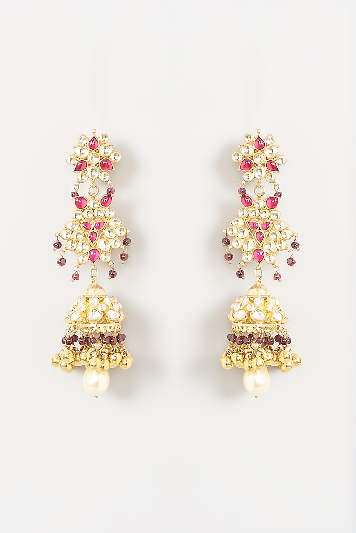 Gold Finish Red Beaded Jhumka Earrings by Kreart at Pernia's Pop Up Shop