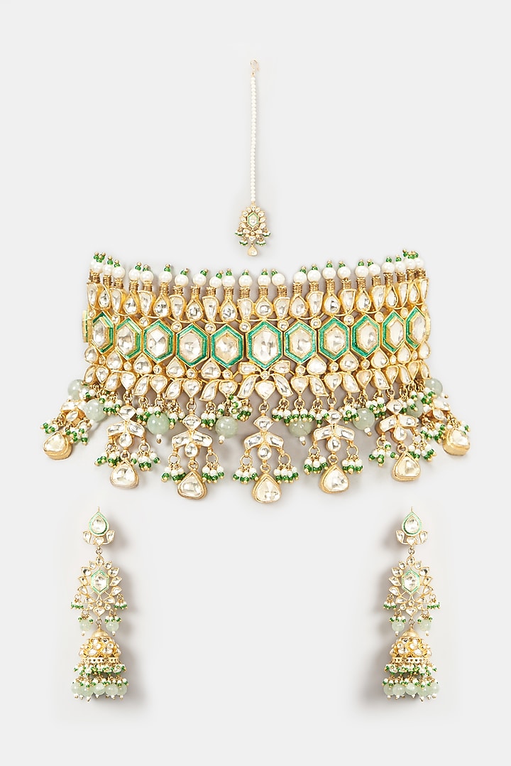 Gold Finish Green Enamel Choker Necklace Set by Kreart at Pernia's Pop Up Shop