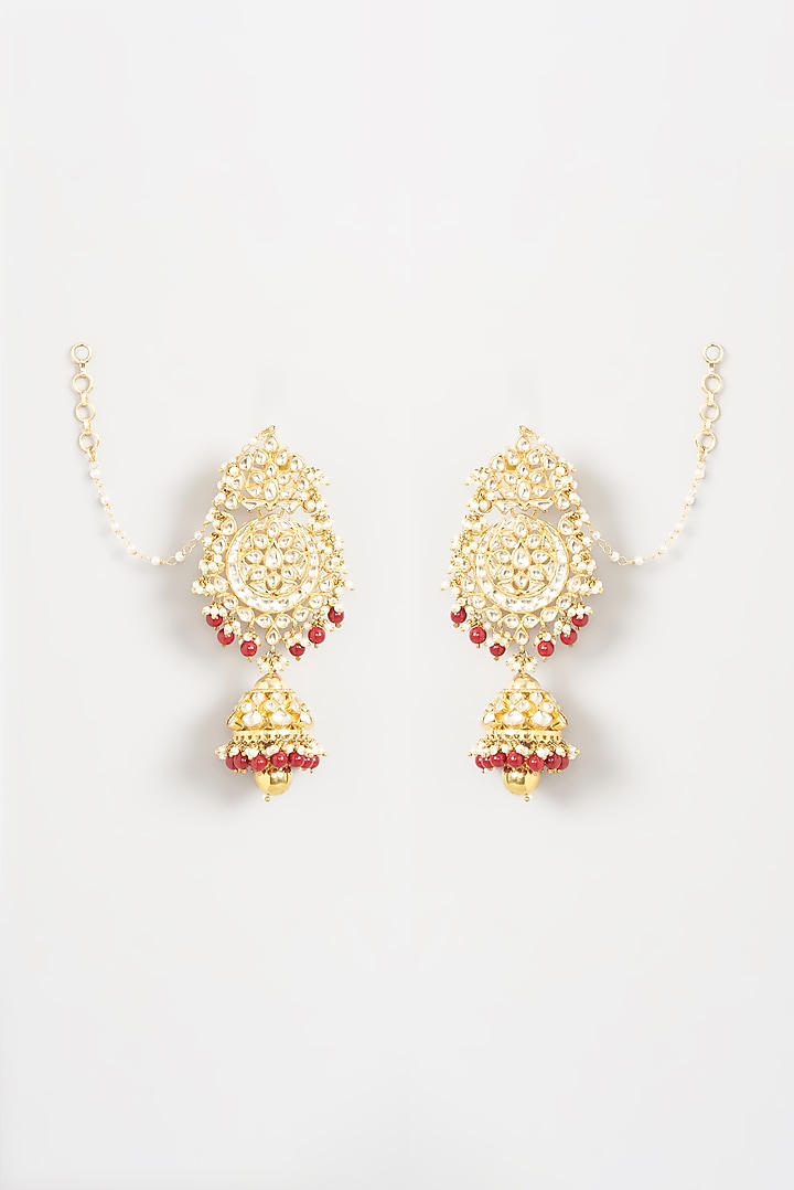 Gold Finish Red Beaded Jhumka Earrings by Kreart at Pernia's Pop Up Shop