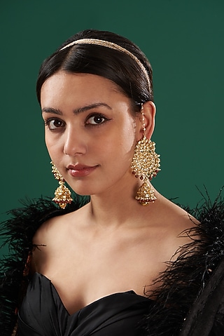 Gold Finish Red Beaded Jhumka Earrings by Kreart