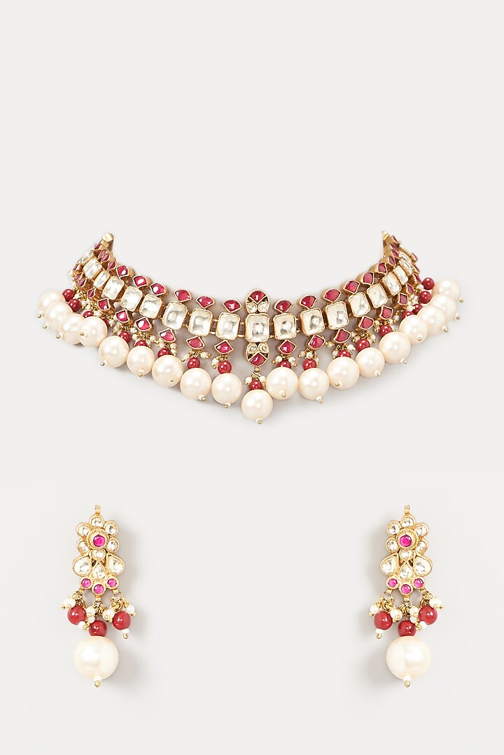 Gold Finish Red Stone & Kundan Polki Choker Necklace Set by Kreart at Pernia's Pop Up Shop