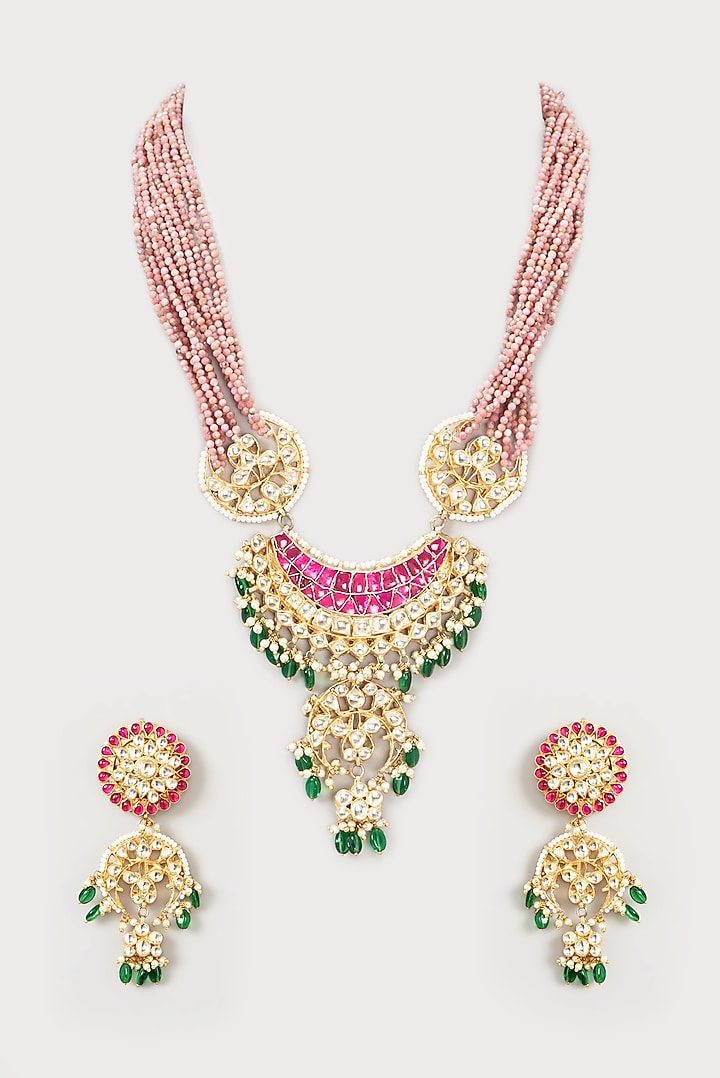 Gold Finish Multi-Colored Kundan Pendant Necklace Set by Kreart at Pernia's Pop Up Shop