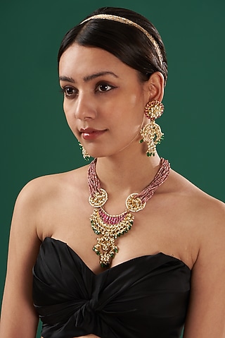 Gold Finish Multi-Colored Kundan Pendant Necklace Set by Kreart