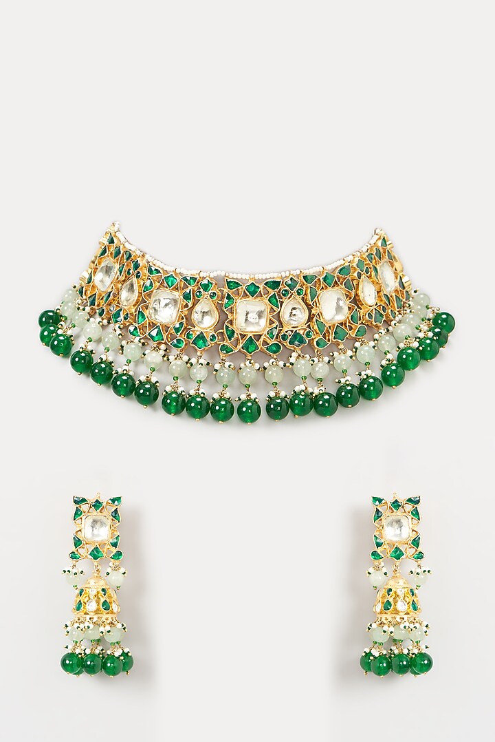 Gold Finish Green Beaded Choker Necklace Set by Kreart at Pernia's Pop Up Shop