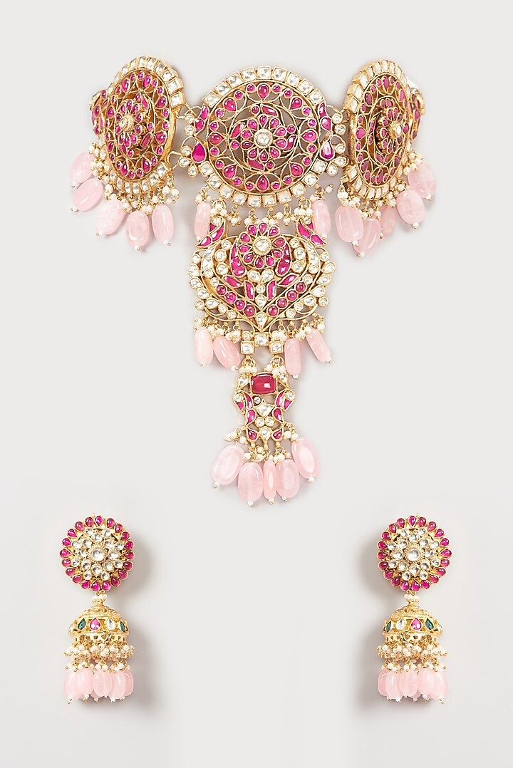 Gold Finish Pink Beaded Choker Necklace Set Design by Kreart at Pernia