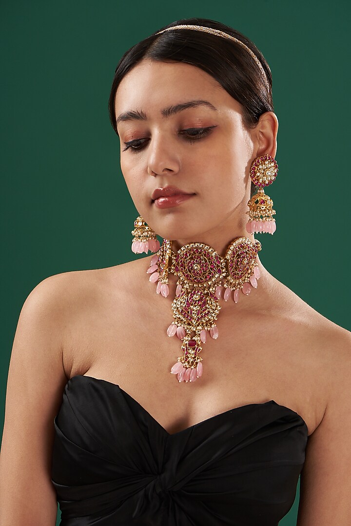 Gold Finish Pink Beaded Choker Necklace Set by Kreart at Pernia's Pop Up Shop