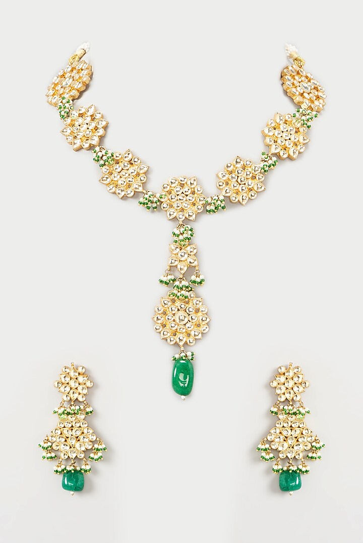 Gold Finish Green Beaded Necklace Set by Kreart at Pernia's Pop Up Shop