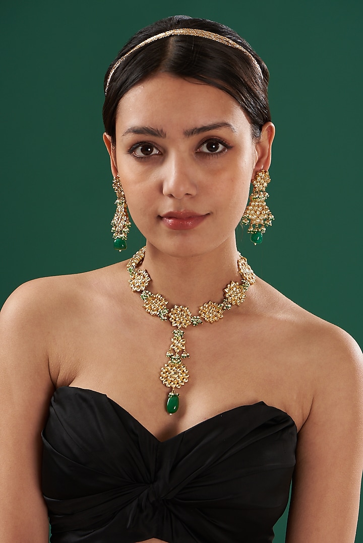 Gold Finish Green Beaded Necklace Set by Kreart