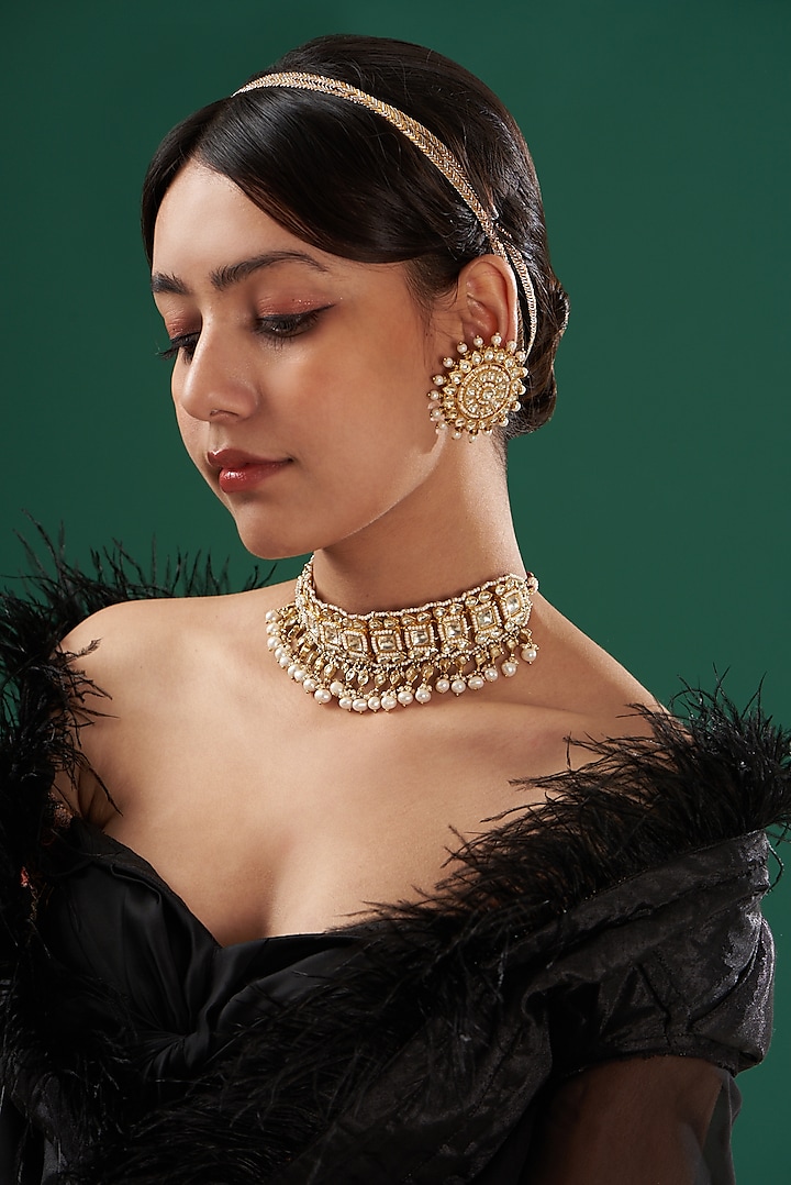 Gold Finish Kundan & Pearl Choker Necklace Set by Kreart