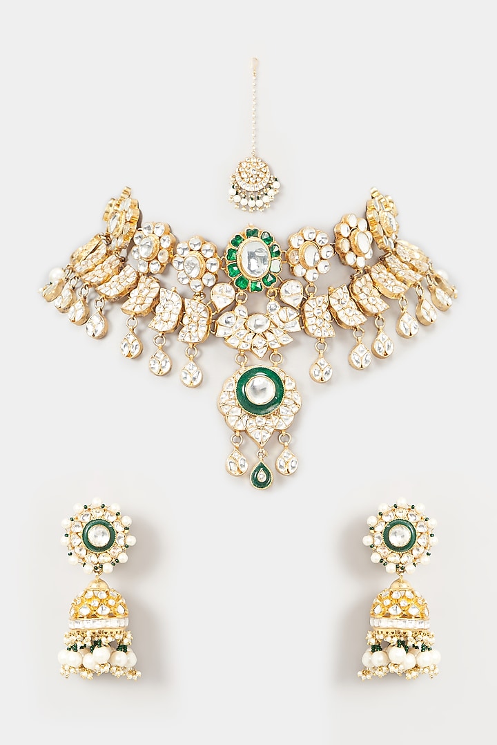 Gold Finish Kundan Polki Enameled Choker Necklace Set by Kreart at Pernia's Pop Up Shop