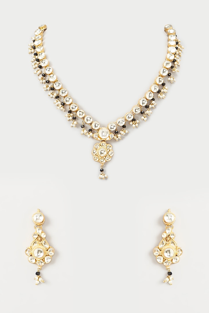 Gold Finish Kundan Polki & Black Beaded Necklace Set by Kreart at Pernia's Pop Up Shop