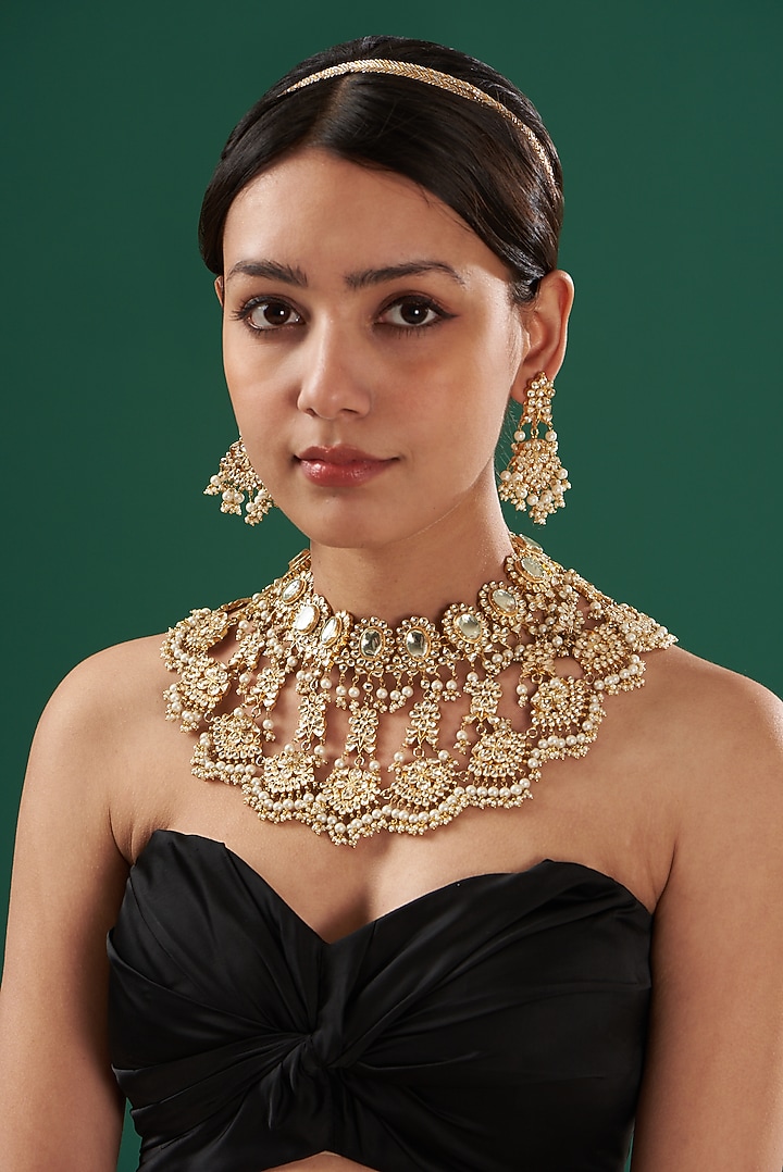 Gold Finish Kundan Polki Necklace Set by Kreart at Pernia's Pop Up Shop