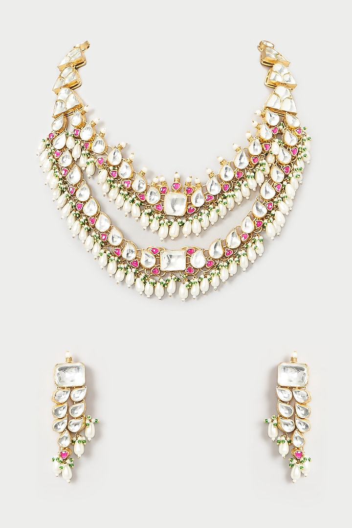 Gold Finish Multi-Colored Kundan Necklace Set by Kreart at Pernia's Pop Up Shop