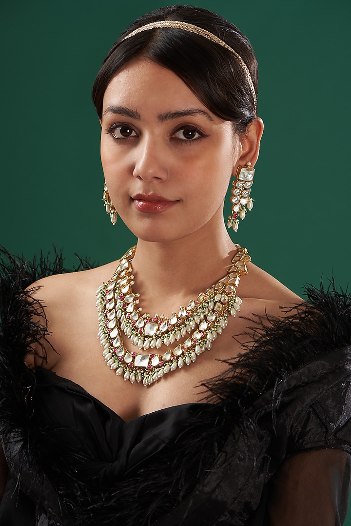 Gold Finish Multi-Colored Kundan Necklace Set by Kreart at Pernia's Pop Up Shop