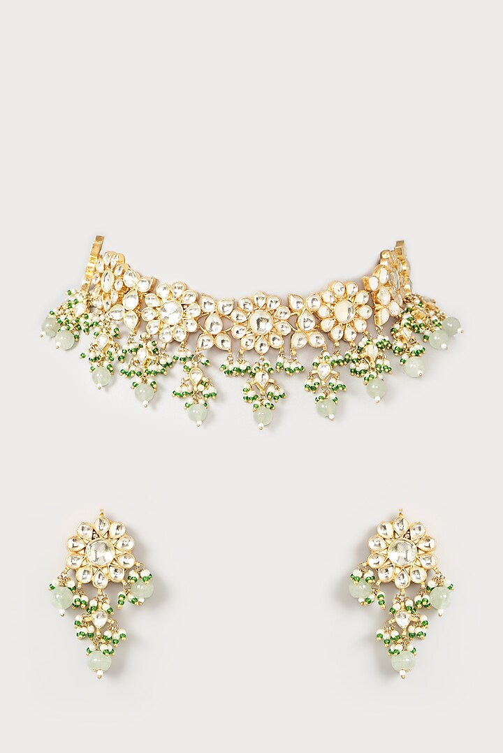 Gold Finish Green Beaded Choker Necklace Set by Kreart
