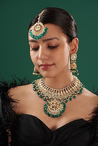 Gold Finish Green Beaded Necklace Set by Kreart