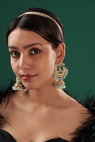 Gold Finish Kundan Polki Chandbali Earrings by Kreart