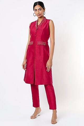 Red Embellished Blazer Kurta Set by KRESSA