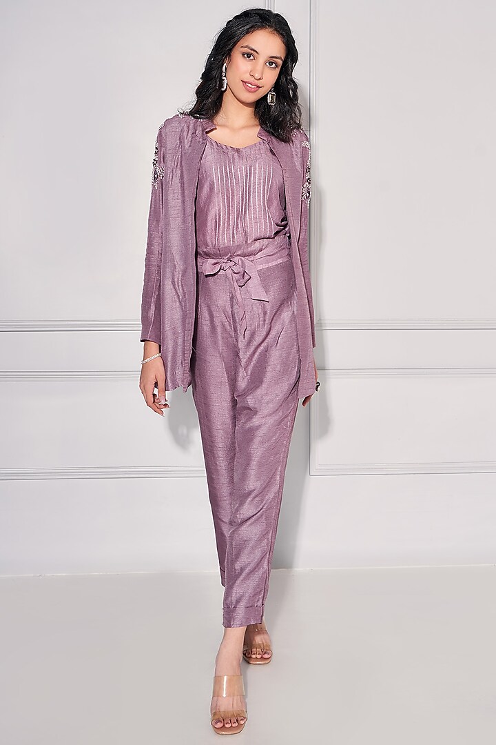 Iris Purple Dupion Silk Embroidered Jacket Set by KRESSA